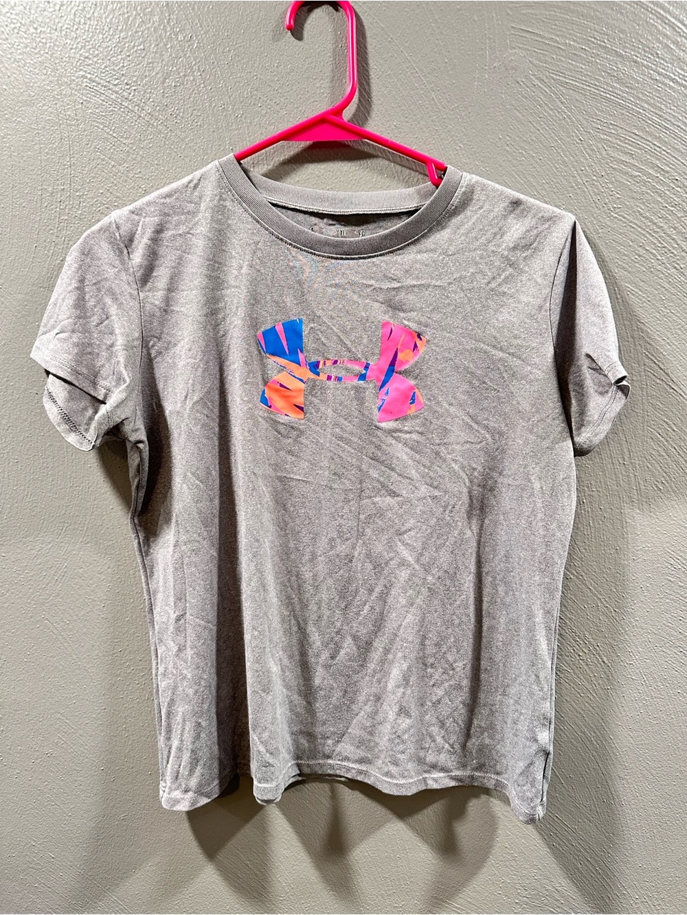 Under Armour Gray Tee with Pink & Blue Logo